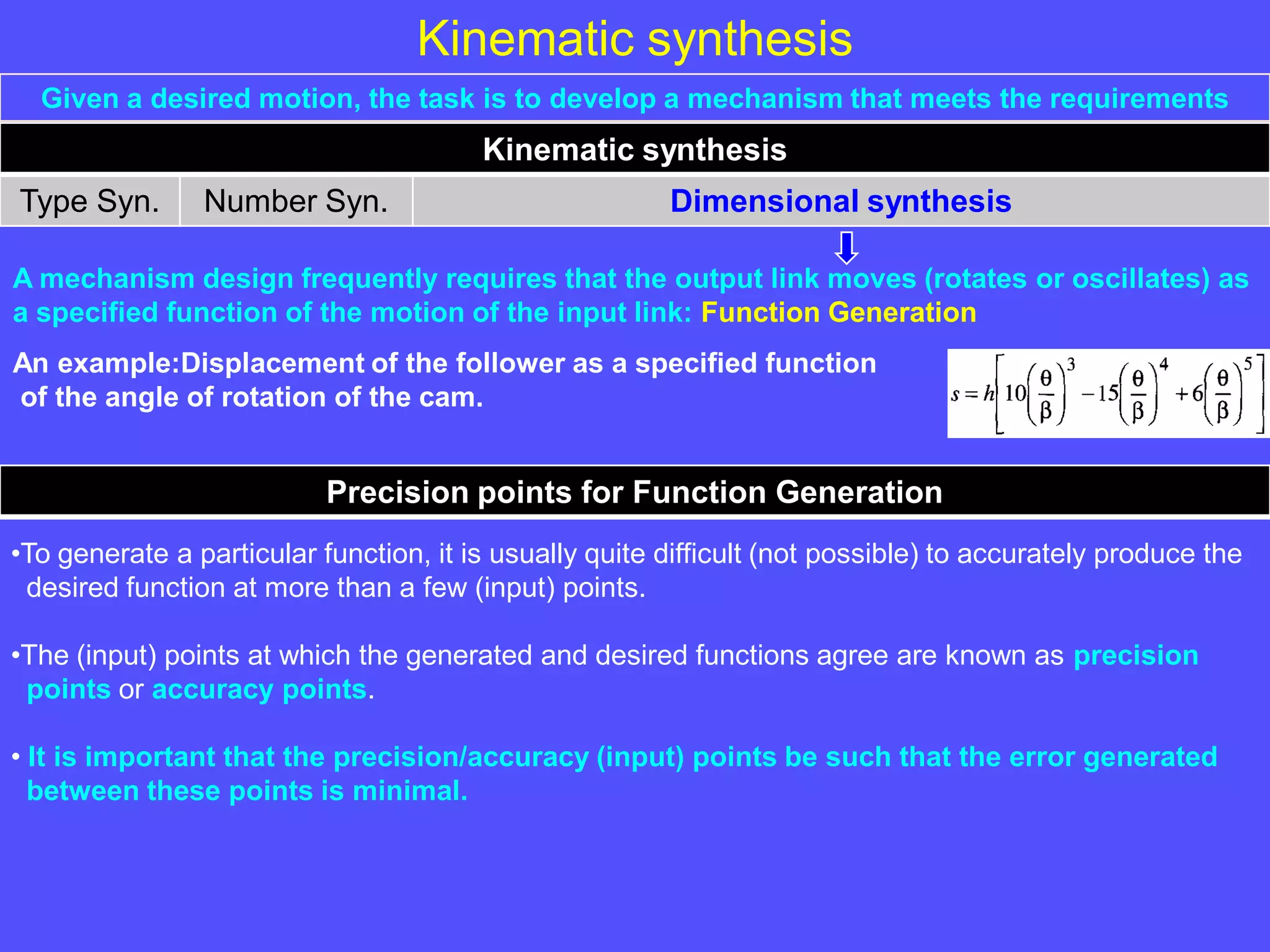 Kinematic synthesis
Given a desired motion, the task is to develop a mechanism that meets the requirements
Kinematic synthesis
Type Syn. Number Syn. Dimensional synthesis
A mechanism design frequently requires that the output link moves (rotates or oscillates) as
a specified function of the motion of the input link: Function Generation
An example:Displacement of the follower as a specified function
of the angle of rotation of the cam.
Precision points for Function Generation
•To generate a particular function, it is usually quite difficult (not possible) to accurately produce the
desired function at more than a few (input) points.
•The (input) points at which the generated and desired functions agree are known as precision
points or accuracy points.
• It is important that the precision/accuracy (input) points be such that the error generated
between these points is minimal.
 