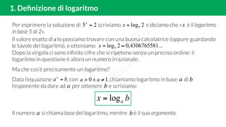 Ma che cos’è precisamente un logaritmo?
1. Deﬁnizione di logaritmo
Per esprimere la soluzione di scriviamo e diciamo che « è il logaritmo
in base 5 di 2».
Il valore esatto di lo possiamo trovare con una buona calcolatrice (oppure guardando
le tavole dei logaritmi), e otteniamo
Dopo la virgola ci sono inﬁnite cifre che si ripetono senza un preciso ordine: il
logaritmo in questione è allora un numero irrazionale.
bax
=
25 =x
2log5=x
...4306765581,02log5 ≈=x
Data l’equazione , con , chiamiamo logaritmo in base di
l’esponente da dare ad per ottenere e scriviamo:
Il numero si chiama base del logaritmo, mentre è il suo argomento.
10 ≠∧> aa
bx alog=
x
x
a b
a b
a b
 