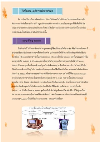 คือ ระเบียบวิธีการในการติดต่อสื่อสาร เมื่อมาใช้กับเทคโนโลยีสื่อสารโทรคมนาคม จึงหมายถึง
ขั้นตอนการติดต่อสื่อสาร ซึ่งรวมถึง กฎระเบียบ และข้อกําหนดต่างๆ รวมถึงมาตรฐานที่ใช้เพื่อให้ตัวรับ
และส่งสามารถดําเนินกิจกรรมทางด้านการสื่อสารได้สําเร็จ ซึ่งมีมากมายหลายชนิด แต่ในที่นี้จะขอกล่าว
เฉพาะส่วนที่เกี่ยวข้องเพียงบางโปรโตคอลเท่านั้น
ในปัจจุบันนี้ ไม่ว่าคอมพิวเตอร์ส่วนบุคคลของผู้ใช้จะเป็นแบบใดก็ตาม เช่น พีซีหรือแมคอินทอช ก็
สามารถใช้งานโปรโตคอล TCP/IP เพื่อต่อเชื่อมเข้าส ◌ู◌่อินเตอร์เน็ตได้วิธีการก็คือเพียงแต่ติดตั้งใช้งาน
ซอฟต์แวร์โปรโตคอล TCP/IP เท่านั้น ส่วนวิธีการและโปรแกรมที่ติดตั้ง จะแตกต่างกันขึ้นกับระบบที่ใช้ซึ่ง
จะกล่าวต่อไป หมายเลข IP (IP Address) การสื่อสารกันในระบบเครือข่าย อินเตอร์เน็ตที่มีโปรโตคอล
TCP/IP เป็นมาตรฐานนี้ เครื่องอมพิวเตอร์ทุกเครื่องที่เชื่อมต่ออยู่ จะต้องมีหมายเลขประจําตัวเอาไว้อ้างอิง
ให้เครื่องคอมพิวเตอร์อื่นๆ ได้ทราบเหมือนกับคนทุกคนต้องมีชื่อให้คนอื่นเรียก หมายเลขอ้างอิงดังกล่าวเรา
เรียกว่า IP Address หรือหมายเลข IP หรือบางทีก็เรียกว่า "แอดเดรส IP" (IP ในที่นี้ก็คือ Internet Protocol
ตัวเดียวกับใน TCP/IP นั่นเอง) ซึ่งถูกจัดเป็นตัวเลขชุดหนึ่งขนาด32 บิต ใน 1 ชุดนี้จะมีตัวเลขถูกแบ่ง
ออกเป็น 4 ส่วน ส่วนละ 8 บิตเท่าๆ กัน เวลาเขียนก็แปลงให้เป็นเลขฐานสิบ ก่อนเพื่อความง่ายแล้วเขียนโดย
คั่นแต่ละส่วนด้วยจุด ดังนั้นในตัวเลขแต่ละส่วนนี้จึงมีค่าได้ตั้งแต่0 จนถึง 28 -1 = 255 เท่านั้น เช่น
192.10.1.101 เป็นต้น ตัวเลข IP Address ชุดนี้จะเป็นสิ่งที่สําคัญคล้ายเบอร์โทรศัพท์ที่เรามีใช้อยู่และไม่ซํ้า
กัน เพราะสามารถกําหนดเป็นตัวเลขได้รวมทั้งสิ้นกว่า4 พันล้านเลขหมาย แต่การกําหนดให้คอมพิวเตอร์มี
เลขหมาย IP Address นี้ไม่ได้เริ่มต้นจากหมายเลข1 และนับขึ้นไปเรื่อยๆ
โปรโตคอล : กติกาของอินเทอร์เน็ต
Tcp/ip กับ ip address
 