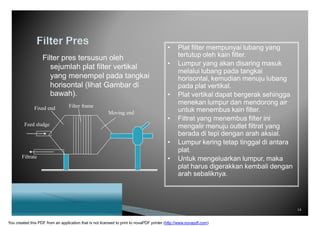Filter pres tersusun oleh
sejumlah plat filter vertikal
yang menempel pada tangkai
horisontal (lihat Gambar di
bawah).
• Plat filter mempunyai lubang yang
tertutup oleh kain filter.
• Lumpur yang akan disaring masuk
melalui lubang pada tangkai
horisontal, kemudian menuju lubang
pada plat vertikal.
• Plat vertikal dapat bergerak sehingga
Fixed end Filter frame
Feed sludge
Filtrate
Moving end
menekan lumpur dan mendorong air
untuk menembus kain filter.
• Filtrat yang menembus filter ini
mengalir menuju outlet filtrat yang
berada di tepi dengan arah aksial.
• Lumpur kering tetap tinggal di antara
plat.
• Untuk mengeluarkan lumpur, maka
plat harus digerakkan kembali dengan
arah sebaliknya.
14
You created this PDF from an application that is not licensed to print to novaPDF printer (http://www.novapdf.com)
 