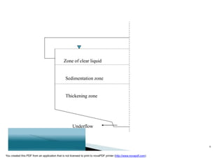 Zone of clear liquid
Sedimentation zone
Thickening zone
Underflow
6
You created this PDF from an application that is not licensed to print to novaPDF printer (http://www.novapdf.com)
 