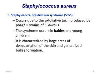 3. Staphylococcal scalded skin syndrome (SSSS):
– Occurs due to the exfoliative toxin produced by
phage II strains of S. aureus.
– The syndrome occurs in babies and young
children.
– It is characterized by large areas of
desquamation of the skin and generalized
bullae formation.
2/9/2015 26
Staphylococcus aureus
 