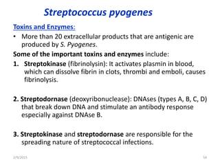 Streptococcus pyogenes
Toxins and Enzymes:
• More than 20 extracellular products that are antigenic are
produced by S. Pyogenes.
Some of the important toxins and enzymes include:
1. Streptokinase (fibrinolysin): It activates plasmin in blood,
which can dissolve fibrin in clots, thrombi and emboli, causes
fibrinolysis.
2. Streptodornase (deoxyribonuclease): DNAses (types A, B, C, D)
that break down DNA and stimulate an antibody response
especially against DNAse B.
3. Streptokinase and streptodornase are responsible for the
spreading nature of streptococcal infections.
2/9/2015 54
 