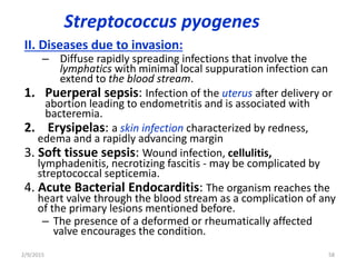 Streptococcus pyogenes
II. Diseases due to invasion:
– Diffuse rapidly spreading infections that involve the
lymphatics with minimal local suppuration infection can
extend to the blood stream.
1. Puerperal sepsis: Infection of the uterus after delivery or
abortion leading to endometritis and is associated with
bacteremia.
2. Erysipelas: a skin infection characterized by redness,
edema and a rapidly advancing margin
3. Soft tissue sepsis: Wound infection, cellulitis,
lymphadenitis, necrotizing fascitis - may be complicated by
streptococcal septicemia.
4. Acute Bacterial Endocarditis: The organism reaches the
heart valve through the blood stream as a complication of any
of the primary lesions mentioned before.
– The presence of a deformed or rheumatically affected
valve encourages the condition.
2/9/2015 58
 