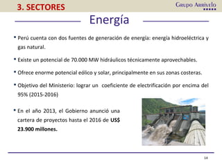 Energía
14
 Perú cuenta con dos fuentes de generación de energía: energía hidroeléctrica y
gas natural.
 Existe un potencial de 70.000 MW hidráulicos técnicamente aprovechables.
 Ofrece enorme potencial eólico y solar, principalmente en sus zonas costeras.
 Objetivo del Ministerio: lograr un coeficiente de electrificación por encima del
95% (2015-2016)
3. SECTORES
 En el año 2013, el Gobierno anunció una
cartera de proyectos hasta el 2016 de US$
23.900 millones.
 