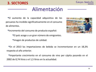 Alimentación
16
El aumento de la capacidad adquisitiva de los
peruanos ha incidido significativamente en el consumo
de alimentos.
Incremento del consumo de producto español:
El país acoge a un gran número de emigrantes.
Imagen de productos de calidad.
3. SECTORES
En el 2013 las importaciones de bebida se incrementaron en un 18,3%
respecto al año anterior.
Importante crecimiento en el consumo de vino per cápita pasando en el
2002 de 0,74 litros a el 1,5 litros en la actualidad.
 