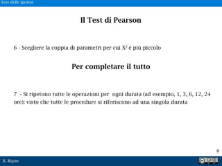 R. Rigon
Il Test di Pearson
6 - Scegliere la coppia di parametri per cui X2 è più piccolo
7 - Si ripetono tutte le operazioni per ogni durata (ad esempio, 1, 3, 6, 12, 24
ore): visto che tutte le procedure si riferiscono ad una singola durata
Per completare il tutto
8
Test delle ipotesi
 
