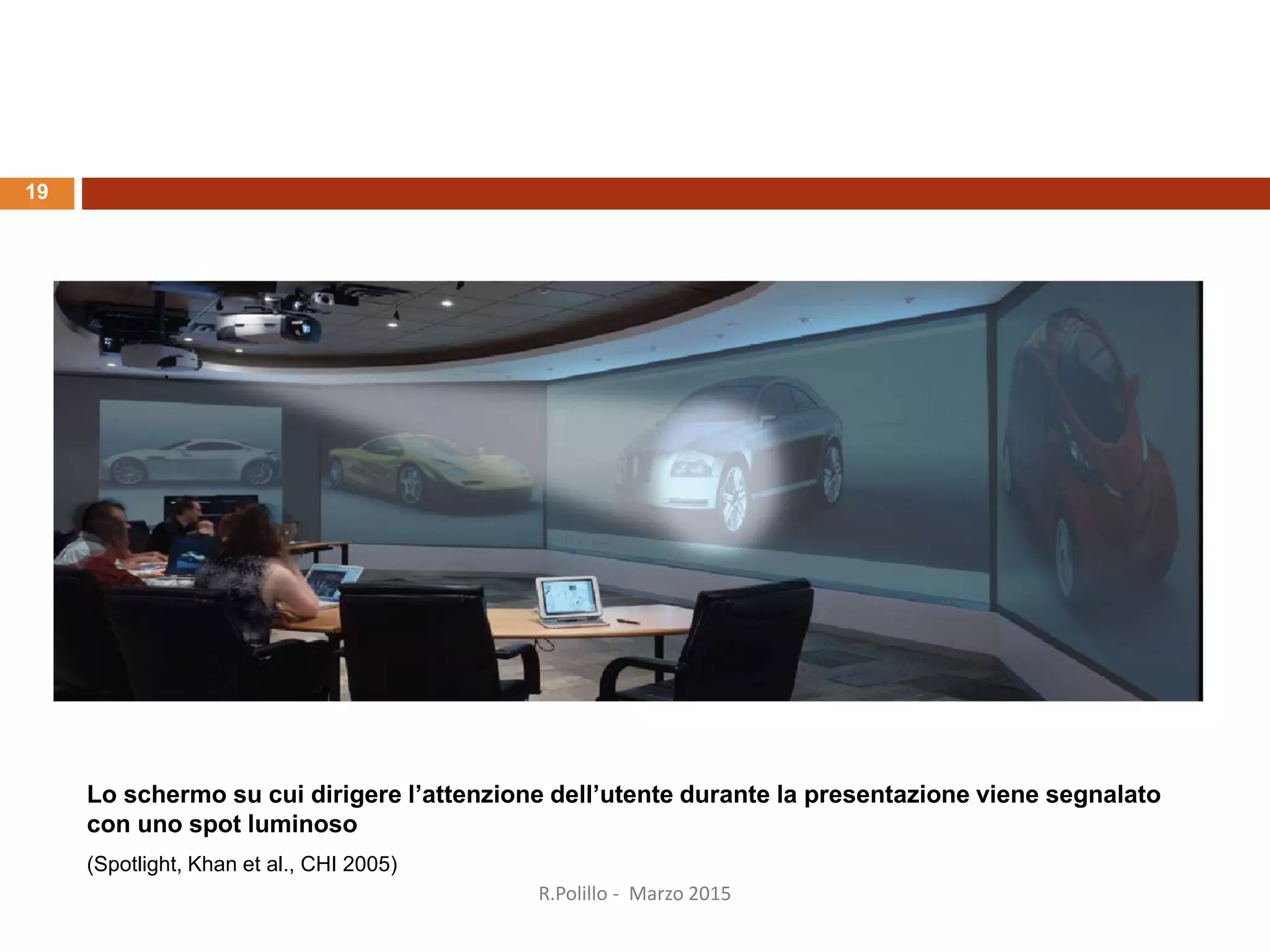 Lo schermo su cui dirigere l’attenzione dell’utente durante la presentazione viene segnalato
con uno spot luminoso
(Spotlight, Khan et al., CHI 2005)
19
R.Polillo - Marzo 2015
 