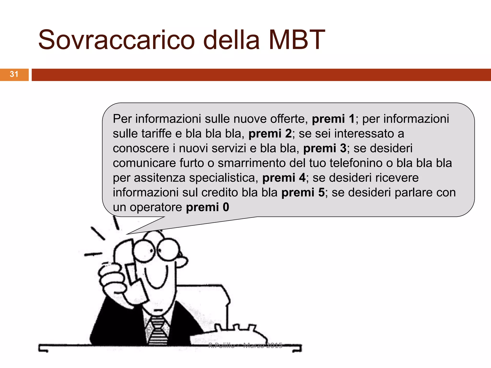 Per informazioni sulle nuove offerte, premi 1; per informazioni
sulle tariffe e bla bla bla, premi 2; se sei interessato a
conoscere i nuovi servizi e bla bla, premi 3; se desideri
comunicare furto o smarrimento del tuo telefonino o bla bla bla
per assitenza specialistica, premi 4; se desideri ricevere
informazioni sul credito bla bla premi 5; se desideri parlare con
un operatore premi 0
Sovraccarico della MBT
R.Polillo - Marzo 2015
31
 