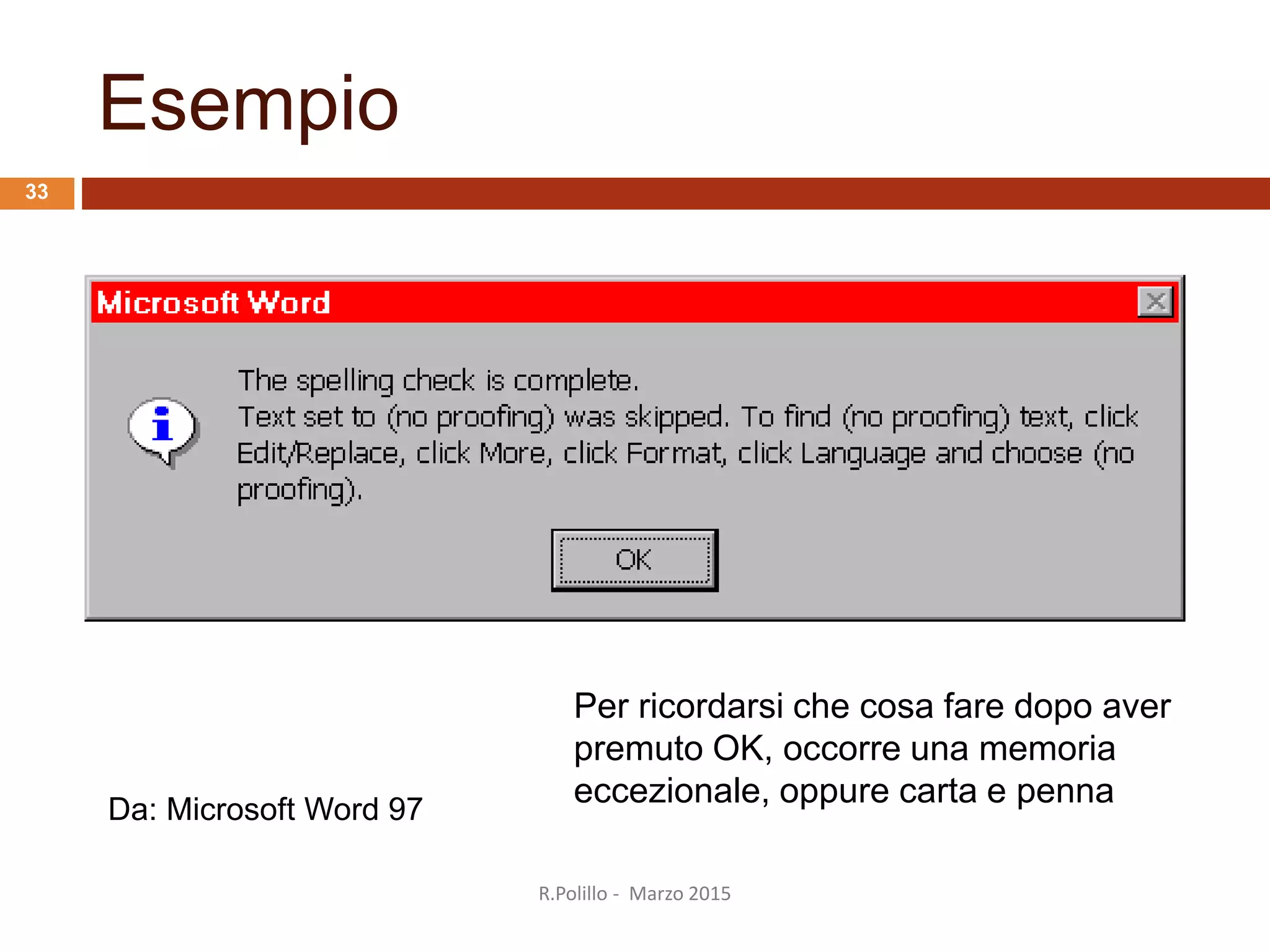 Esempio
Da: Microsoft Word 97
Per ricordarsi che cosa fare dopo aver
premuto OK, occorre una memoria
eccezionale, oppure carta e penna
R.Polillo - Marzo 2015
33
 