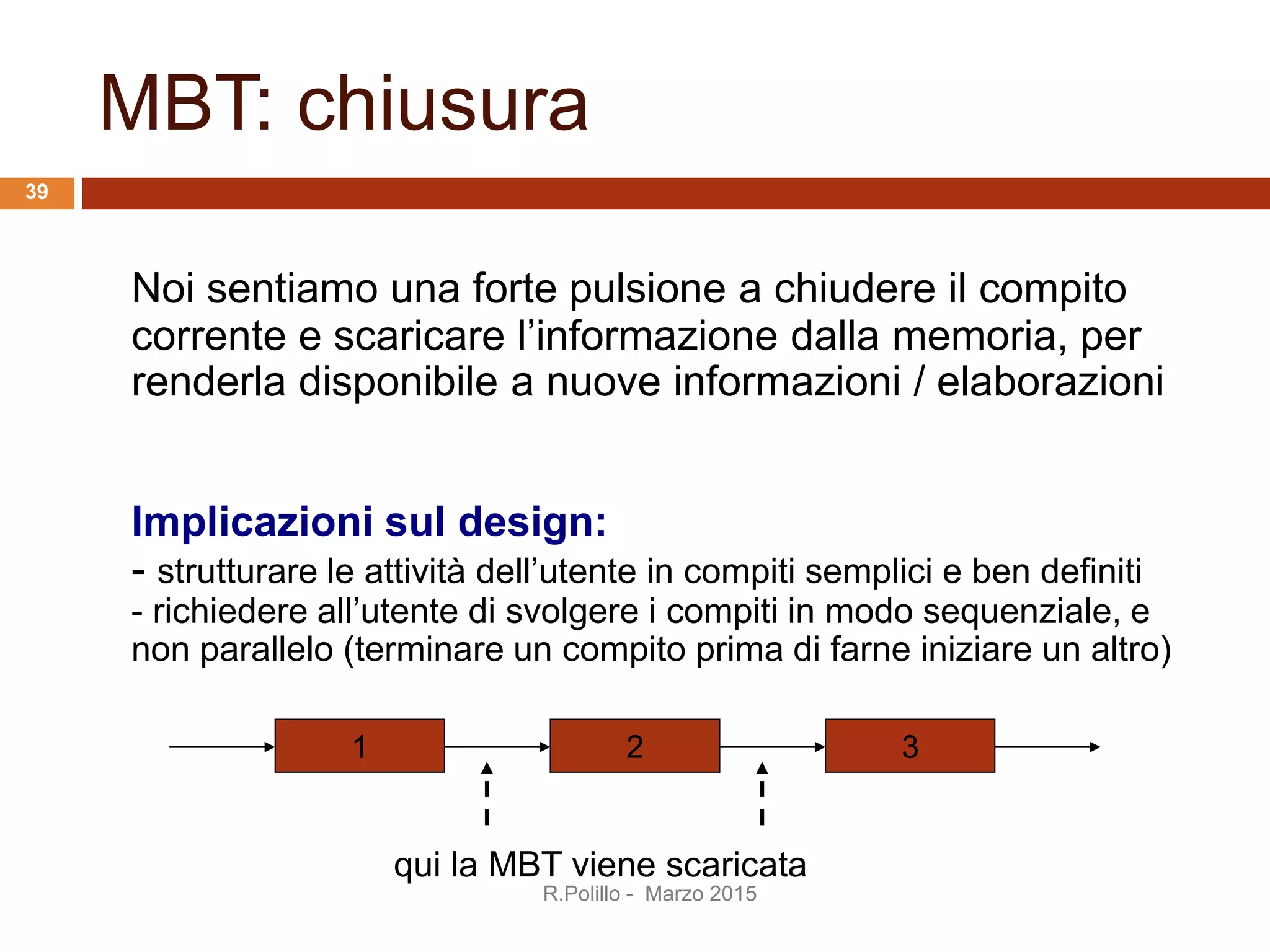 MBT: chiusura
Noi sentiamo una forte pulsione a chiudere il compito
corrente e scaricare l’informazione dalla memoria, per
renderla disponibile a nuove informazioni / elaborazioni
Implicazioni sul design:
- strutturare le attività dell’utente in compiti semplici e ben definiti
- richiedere all’utente di svolgere i compiti in modo sequenziale, e
non parallelo (terminare un compito prima di farne iniziare un altro)
1 2 3
qui la MBT viene scaricata
R.Polillo - Marzo 2015
39
 
