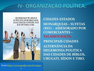 CIDADES-ESTADOS
MONARQUIAS – SUFETAS
(REI) – ASSESORADO POR
COMERCIANTES –
TALASSOCRACIA.
PRINCIPAIS CIDADES
ALTERNÂNCIA DA
HEGEMONIA POLITICA
DAS CIDADES DE BÍBLOS,
URUGATI, SÍDON E TIRO.
Fonte:http://www.google.com.br/imgre
s
 