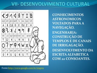 CONHECIMENTOS
ASTRONOMICOS
VOLTADOS PARA A
NAVEGAÇÃO.
ENGENHARIA:
CONSTRUÇÃO DE
TEMPLOS E DE CANAIS
DE IRRIGAGAÇÃO.
DESENVOLVIMENTO DA
ESCRITA ALFABETICA
COM 22 CONSOANTES.
Fonte:http://www.google.com.br/imgres
 