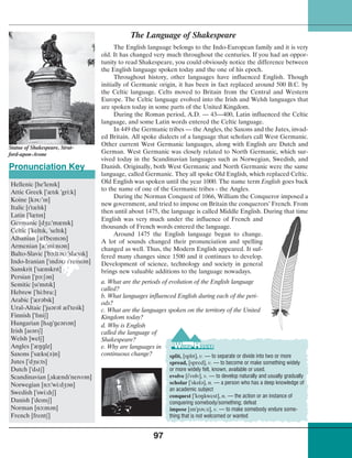 97
The Language of Shakespeare
The English language belongs to the Indo-European family and it is very
old. It has changed very much throughout the centuries. If you had an oppor-
tunity to read Shakespeare, you could obviously notice the difference between
the English language spoken today and the one of his epoch.
Throughout history, other languages have influenced English. Though
initially of Germanic origin, it has been in fact replaced around 500 B.C. by
the Celtic language. Celts moved to Britain from the Central and Western
Europe. The Celtic language evolved into the Irish and Welsh languages that
are spoken today in some parts of the United Kingdom.
During the Roman period, A.D. — 43—400, Latin influenced the Celtic
language, and some Latin words entered the Celtic language.
In 449 the Germanic tribes — the Angles, the Saxons and the Jutes, invad-
ed Britain. All spoke dialects of a language that scholars call West Germanic.
Other current West Germanic languages, along with English are Dutch and
German. West Germanic was closely related to North Germanic, which sur-
vived today in the Scandinavian languages such as Norwegian, Swedish, and
Danish. Originally, both West Germanic and North Germanic were the same
language, called Germanic. They all spoke Old English, which replaced Celtic.
Old English was spoken until the year 1000. The name term English goes back
to the name of one of the Germanic tribes - the Angles.
During the Norman Conquest of 1066, William the Conqueror imposed a
new government, and tried to impose on Britain the conquerors’ French. From
then until about 1475, the language is called Middle English. During that time
a. What are the periods of evolution of the English language
called?
b. What languages influenced English during each of the peri-
ods?
c. What are the languages spoken on the territory of the United
Kingdom today?
English was very much under the influence of French and
thousands of French words entered the language.
Around 1475 the English language began to change.
A lot of sounds changed their pronunciation and spelling
changed as well. Thus, the Modern English appeared. It suf-
fered many changes since 1500 and it continues to develop.
Development of science, technology and society in general
brings new valuable additions to the language nowadays.
Statue of Shakespeare, Strat-
ford-upon-Avone
Pronunciation Key
split, [spllt], v. — to separate or divide into two or more
spread, [spred], v. — to become or make something widely
or more widely felt, known, available or used.
evolve [i
¾
v‡lv], v. — to develop naturally and usually gradually
scholar [
¾
sk‡l¢], n. — a person who has a deep knowledge of
an academic subject
conquest [
¾
k‡²kwest], n. — the action or an instance of
conquering somebody/something; defeat
impose [lm
¾
p¢†z], v. — to make somebody endure some-
thing that is not welcomed or wanted
Hellenic [he
¾
lenlk]
Attic Greek [
¾
ætlk
¾
gri:k]
Koine [k¢†’ln]
Italic [l
¾
tællk]
Latin [
¾
lætln]
Germanic [d½™:
¾
mænlk]
Celtic [
¾
keltlk,
¾
seltlk]
Albanian [æl
¾
belnl¢n]
Armenian [a:
¾
mi:nl¢n]
Balto-Slavic [
¾
b¬:lt¢†
¾
sla:vlk]
Indo-Iranian [
¾
lnd¢† l
¾
relnl¢n]
Sanskrit [
¾
sænskrlt]
Persian [
¾
p¢:¼¢n]
Semitic [sl
¾
mltlk]
Hebrew [
¾
hi:bru:]
Arabic [
¾
ær¢blk]
Ural-Altaic [
¾
ju¢r¢l æl
¾
telik]
Finnish [
¾
flni¼]
Hungarian [h¤²
¾
ge¢rl¢n]
Irish [al¢rl¼]
Welsh [wel¼]
Angles [
¾
æ²glz]
Saxons [
¾
sæks(¢)n]
Jutes [
¾
d½u:ts]
Dutch [
¾
d¤t¼]
Scandinavian [¾skændl
¾
nelvl¢n]
Norwegian [n¬:
¾
wi:d½¢n]
Swedish [
¾
swi:dl¼]
Danish [
¾
delnl¼]
Norman [n¬:m¢n]
French [frent¼]
d. Why is English
called the language of
Shakespeare?
e. Why are languages in
continuous change?
 