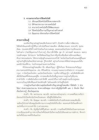 403
5. ความสามารถในการใช้เทคโนโลยี
5.1 เลือกและใช้เทคโนโลยีได้เหมาะสมตามวัย
5.2 มีทักษะกระบวนการทางเทคโนโลยี
5.3 สามารถนาเทคโนโลยีไปใช้พัฒนาตนเอง
5.4 ใช้เทคโนโลยีในการแก้ปัญหาอย่างสร้างสรรค์
5.5 มีคุณธรรม จริยธรรมในการใช้เทคโนโลยี
สาระการเรียนรู้
แนวคิดปรัชญาเศรษฐกิจพอเพียงในพระราชดาริ เป็นหลักการเพื่อการพัฒนาคน
ให้มีหลักคิดและหลักปฏิบัติในการดาเนินชีวิตอย่างพอเพียง เพื่อพัฒนาตนเอง ครอบครัว ชุมชน
สังคม ประเทศชาติให้ก้าวหน้าไปพร้อมกับความสมดุล ตลอดจนพร้อมรับต่อการเปลี่ยนแปลง
ในด้านต่าง ๆ โดยใช้คุณธรรมกากับความรู้ เป็นการฝึกให้คิด พูด ทา อย่างพอดี พอเหมาะ พอควร
บนหลักเหตุผล ไม่ประมาท โดยใช้สติและปัญญาในทางที่ถูกต้องเพื่อเพิ่มทางเลือกและพัฒนา
ศักยภาพของแต่ละคน ให้สามารถอุ้มชูตัวเองและครอบครัวได้ โดยไม่เบียดเบียนตัวเองและผู้อื่นและ
อยู่ร่วมกับผู้อื่นในสังคมได้อย่างสงบสุข รู้รักสามัคคี อยู่ร่วมกับธรรมชาติได้อย่างสมดุลและยั่งยืน
และมีค่านิยมที่ดีงาม ร่วมรักษาคุณค่าของความเป็นไทย
หัวใจของเศรษฐกิจพอเพียง คือ สติและปัญญา ผู้รู้จักตัวเอง ฝึกฝนตนจนเกิดปัญญา
สามารถตระหนักถึงคุณธรรม เช่น หิริโอตตัปปะ ความละอายและเกรงกลัวต่อบาป ความเมตตา
กรุณา การไม่เบียดเบียนใคร และไม่เบียดเบียนโลก รวมทั้งการมีปัญญารู้ว่า อะไรคือสิ่งที่ควรทา
เพื่อให้เกิดผลดีทั้งต่อตนและผู้อื่น ความพอเพียงจึงเป็นพื้นฐานของการอยู่ร่วมกันที่ทุกคน
ต่างคานึงถึง การตัดสินใจเลือกกระทาสิ่งที่ดี และหน้าที่ในการสร้างพฤติกรรมนั้นๆอยู่เสมอ
จนกลายเป็นอุปนิสัยที่ดีและทาโดยอัตโนมัติ ไม่ลังเลสงสัยว่าทาไมผู้อื่นไม่ทา
การอยู่ร่วมกันอย่างมีความสุขโดยยึดหลักปรัชญาเศรษฐกิจพอเพียง ซึ่งมีหลัก 3 ห่วง
ได้แก่ ห่วงความพอประมาณ ห่วงความมีเหตุผล ห่วงการมีภูมิคุ้มกันที่ดี และ 2 เงื่อนไข ได้แก่
เงื่อนไขความรู้ เงื่อนไขคุณธรรม
ห่วงที่ 1 คือ พอประมาณ หมายถึง พอประมาณในทุกอย่าง ความพอดีไม่มากหรือว่า
น้อยจนเกินไปโดยต้องไม่เบียดเบียนตนเอง หรือผู้อื่นให้เดือดร้อน
ห่วงที่ 2 คือ มีเหตุผล หมายถึง การตัดสินใจเกี่ยวกับระดับของความพอเพียงนั้น
จะต้องเป็นไปอย่างมีเหตุผลโดยพิจารณาจากเหตุปัจจัยที่เกี่ยวข้อง ตลอดจนคานึงถึงผลที่คาดว่า
จะเกิดขึ้นจากการกระทานั้น ๆ อย่างรอบคอบ
ห่วงที่ 3 คือ มีภูมิคุ้มกันที่ดีในตัวเอง หมายถึง การเตรียมตัวให้พร้อมรับผลกระทบและ
การเปลี่ยนแปลงด้านการต่างๆที่จะเกิดขึ้นโดยคานึงถึงความเป็นไปได้ของสถานการณ์ต่างๆ ที่คาดว่า
จะเกิดขึ้นในอนาคตทั้งใกล้และไกล
 