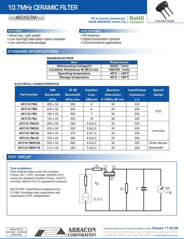 Data Sheet 10.7 MHz ceramic filter PDF