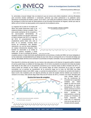 Centro de Investigaciones Económicas (CIE)
Informe Económico Mensual.
Abril 2015
www.invecq.com | Tel: 5435 – 8492 / 0467 | Info@invecq.com 4
hs. semanales y buscan trabajar más- se observa lo que se conoce como efecto desaliento: ante las dificultades
para encontrar empleo satisfactorio o conservarlo, personas que antes pertenecían a la población activa
abandonan la búsqueda de empleo y pasan, por lo tanto, a ser parte de la población inactiva. Esto tiene el efecto
de amortiguar la suba de la tasa de desocupación en las Encuesta Permanente de Hogares, siendo que esta se
define como el número de desocupados como proporción de la población activa.
La magnitud de la caída en el empleo del
último año puede observarse mejor si se
analiza el empleo a tiempo completo. Para
esto puede sustraerse de los ocupados a
los sub-ocupados demandantes. El
resultado muestra una abrupta caída entre
el último trimestre del 2013 y el segundo
del 2014. El comportamiento de los
empleadores podría haber sido, ante el
freno en la actividad, moverse hacia
formas de contratación más flexibles,
reduciendo a su vez las horas trabajadas,
sin realizar directamente despidos. Esto
también es observable si se analiza el
índice de obreros ocupados y horas
trabajadas. Si bien la cantidad de obreros
ocupados parece no haber disminuido significativamente (y encontrarse a niveles del 2008), las horas trabajadas sí
se han estancado considerablemente por debajo de ese nivel. Esto se corresponde con un mercado de trabajo que
ante las dificultades del freno de la actividad ha aumentado el empleo vulnerable, más que expulsado trabajadores.
Para describir la dinámica del empleo de una manera más adecuada es útil observar el siguiente gráfico mediante
el cual se puede hacer un análisis de más largo plazo. En el mismo se presenta la evolución de la tasa de empleo
total desde el año 2003 (con la recuperación económica ya en marcha) hasta el último trimestre del 2014. La
misma puede ser dividida en tres etapas. Una primera etapa de fuerte crecimiento de la tasa de empleo
coincidente con el período de recuperación de la economía luego de la crisis de 2001/2002 que llega
aproximadamente hasta el año 2008. Luego, un período de estancamiento o al menos de aumento del empleo a
tasas mucho más modestas junto con algunos períodos de caída del empleo (barras celestes que muestran la
variación en la tasa). Este período llega hasta fines de 2011/inicios de 2012 y muestra una mayor dificultad para
crear empleo debido a
que las condiciones de
ociosidad de la capacidad
instalada que había
dejado la crisis de inicios
de la década ya habían
desaparecido. Por último,
desde comienzos de 2012
a la fecha se identifica un
tercer período de
estancamiento y caída del
empleo con trimestres de
fuerte retracción, del
orden del 4 % interanual,
como es el caso del II y III
trimestre del año pasado.
 
