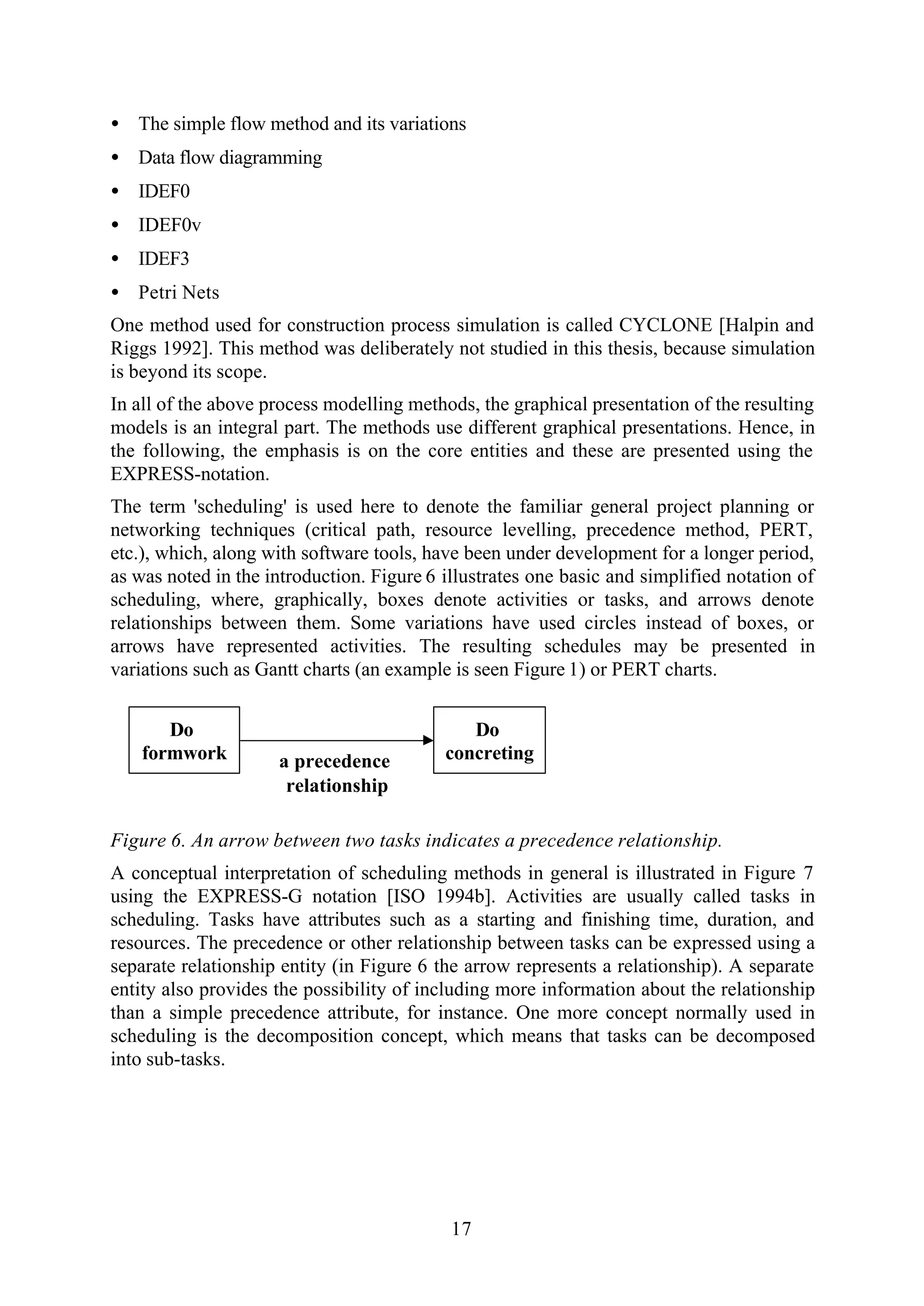 17
• The simple flow method and its variations
• Data flow diagramming
• IDEF0
• IDEF0v
• IDEF3
• Petri Nets
One method used for construction process simulation is called CYCLONE [Halpin and
Riggs 1992]. This method was deliberately not studied in this thesis, because simulation
is beyond its scope.
In all of the above process modelling methods, the graphical presentation of the resulting
models is an integral part. The methods use different graphical presentations. Hence, in
the following, the emphasis is on the core entities and these are presented using the
EXPRESS-notation.
The term 'scheduling' is used here to denote the familiar general project planning or
networking techniques (critical path, resource levelling, precedence method, PERT,
etc.), which, along with software tools, have been under development for a longer period,
as was noted in the introduction. Figure 6 illustrates one basic and simplified notation of
scheduling, where, graphically, boxes denote activities or tasks, and arrows denote
relationships between them. Some variations have used circles instead of boxes, or
arrows have represented activities. The resulting schedules may be presented in
variations such as Gantt charts (an example is seen Figure 1) or PERT charts.
Do
formwork
Do
concretinga precedence
relationship
Figure 6. An arrow between two tasks indicates a precedence relationship.
A conceptual interpretation of scheduling methods in general is illustrated in Figure 7
using the EXPRESS-G notation [ISO 1994b]. Activities are usually called tasks in
scheduling. Tasks have attributes such as a starting and finishing time, duration, and
resources. The precedence or other relationship between tasks can be expressed using a
separate relationship entity (in Figure 6 the arrow represents a relationship). A separate
entity also provides the possibility of including more information about the relationship
than a simple precedence attribute, for instance. One more concept normally used in
scheduling is the decomposition concept, which means that tasks can be decomposed
into sub-tasks.
 