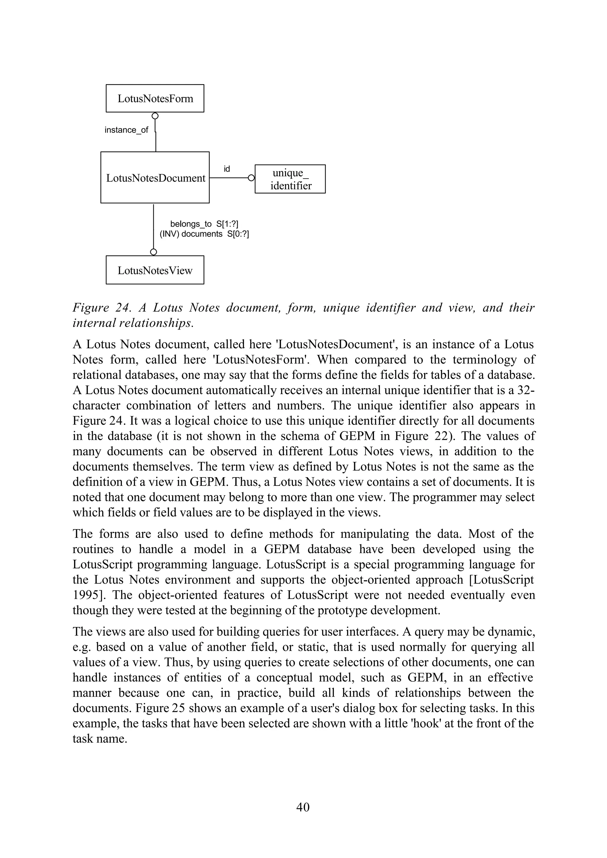 40
LotusNotesDocument
id
unique_
identifier
instance_of
LotusNotesForm
belongs_to S[1:?]
(INV) documents S[0:?]
LotusNotesView
Figure 24. A Lotus Notes document, form, unique identifier and view, and their
internal relationships.
A Lotus Notes document, called here 'LotusNotesDocument', is an instance of a Lotus
Notes form, called here 'LotusNotesForm'. When compared to the terminology of
relational databases, one may say that the forms define the fields for tables of a database.
A Lotus Notes document automatically receives an internal unique identifier that is a 32-
character combination of letters and numbers. The unique identifier also appears in
Figure 24. It was a logical choice to use this unique identifier directly for all documents
in the database (it is not shown in the schema of GEPM in Figure 22). The values of
many documents can be observed in different Lotus Notes views, in addition to the
documents themselves. The term view as defined by Lotus Notes is not the same as the
definition of a view in GEPM. Thus, a Lotus Notes view contains a set of documents. It is
noted that one document may belong to more than one view. The programmer may select
which fields or field values are to be displayed in the views.
The forms are also used to define methods for manipulating the data. Most of the
routines to handle a model in a GEPM database have been developed using the
LotusScript programming language. LotusScript is a special programming language for
the Lotus Notes environment and supports the object-oriented approach [LotusScript
1995]. The object-oriented features of LotusScript were not needed eventually even
though they were tested at the beginning of the prototype development.
The views are also used for building queries for user interfaces. A query may be dynamic,
e.g. based on a value of another field, or static, that is used normally for querying all
values of a view. Thus, by using queries to create selections of other documents, one can
handle instances of entities of a conceptual model, such as GEPM, in an effective
manner because one can, in practice, build all kinds of relationships between the
documents. Figure 25 shows an example of a user's dialog box for selecting tasks. In this
example, the tasks that have been selected are shown with a little 'hook' at the front of the
task name.
 