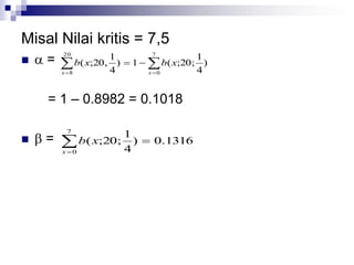 Misal Nilai kritis = 7,5
  =
= 1 – 0.8982 = 0.1018
  =
 

7
0
20
8
)
4
1
;20;(1)
4
1
,20;(
xx
xbxb


7
0
1316.0)
4
1
;20;(
x
xb
 
