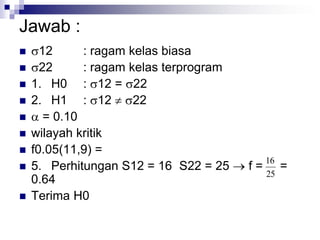 Jawab :
 12 : ragam kelas biasa
 22 : ragam kelas terprogram
 1. H0 : 12 = 22
 2. H1 : 12  22
  = 0.10
 wilayah kritik
 f0.05(11,9) =
 5. Perhitungan S12 = 16 S22 = 25  f = =
0.64
 Terima H0
25
16
 