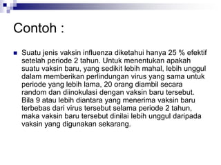 Contoh :
 Suatu jenis vaksin influenza diketahui hanya 25 % efektif
setelah periode 2 tahun. Untuk menentukan apakah
suatu vaksin baru, yang sedikit lebih mahal, lebih unggul
dalam memberikan perlindungan virus yang sama untuk
periode yang lebih lama, 20 orang diambil secara
random dan diinokulasi dengan vaksin baru tersebut.
Bila 9 atau lebih diantara yang menerima vaksin baru
terbebas dari virus tersebut selama periode 2 tahun,
maka vaksin baru tersebut dinilai lebih unggul daripada
vaksin yang digunakan sekarang.
 