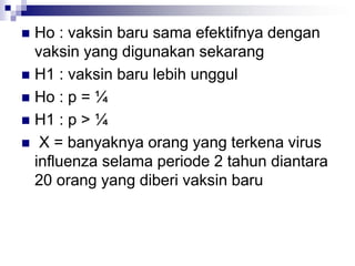  Ho : vaksin baru sama efektifnya dengan
vaksin yang digunakan sekarang
 H1 : vaksin baru lebih unggul
 Ho : p = ¼
 H1 : p > ¼
 X = banyaknya orang yang terkena virus
influenza selama periode 2 tahun diantara
20 orang yang diberi vaksin baru
 