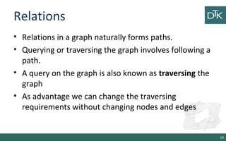 Relations
• Relations in a graph naturally forms paths.
• Querying or traversing the graph involves following a
path.
• A query on the graph is also known as traversing the
graph
• As advantage we can change the traversing
requirements without changing nodes and edges
19
 