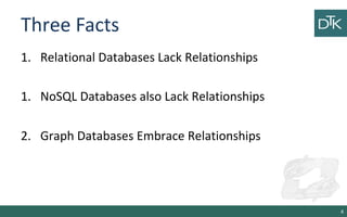 Three Facts
1. Relational Databases Lack Relationships
1. NoSQL Databases also Lack Relationships
2. Graph Databases Embrace Relationships
4
 