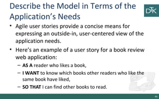 Describe the Model in Terms of the
Application’s Needs
• Agile user stories provide a concise means for
expressing an outside-in, user-centered view of the
application needs.
• Here’s an example of a user story for a book review
web application:
– AS A reader who likes a book,
– I WANT to know which books other readers who like the
same book have liked,
– SO THAT I can find other books to read.
44
 