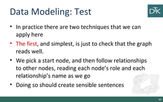 Data Modeling: Test
• In practice there are two techniques that we can
apply here
• The first, and simplest, is just to check that the graph
reads well.
• We pick a start node, and then follow relationships
to other nodes, reading each node’s role and each
relationship’s name as we go
• Doing so should create sensible sentences
60
 