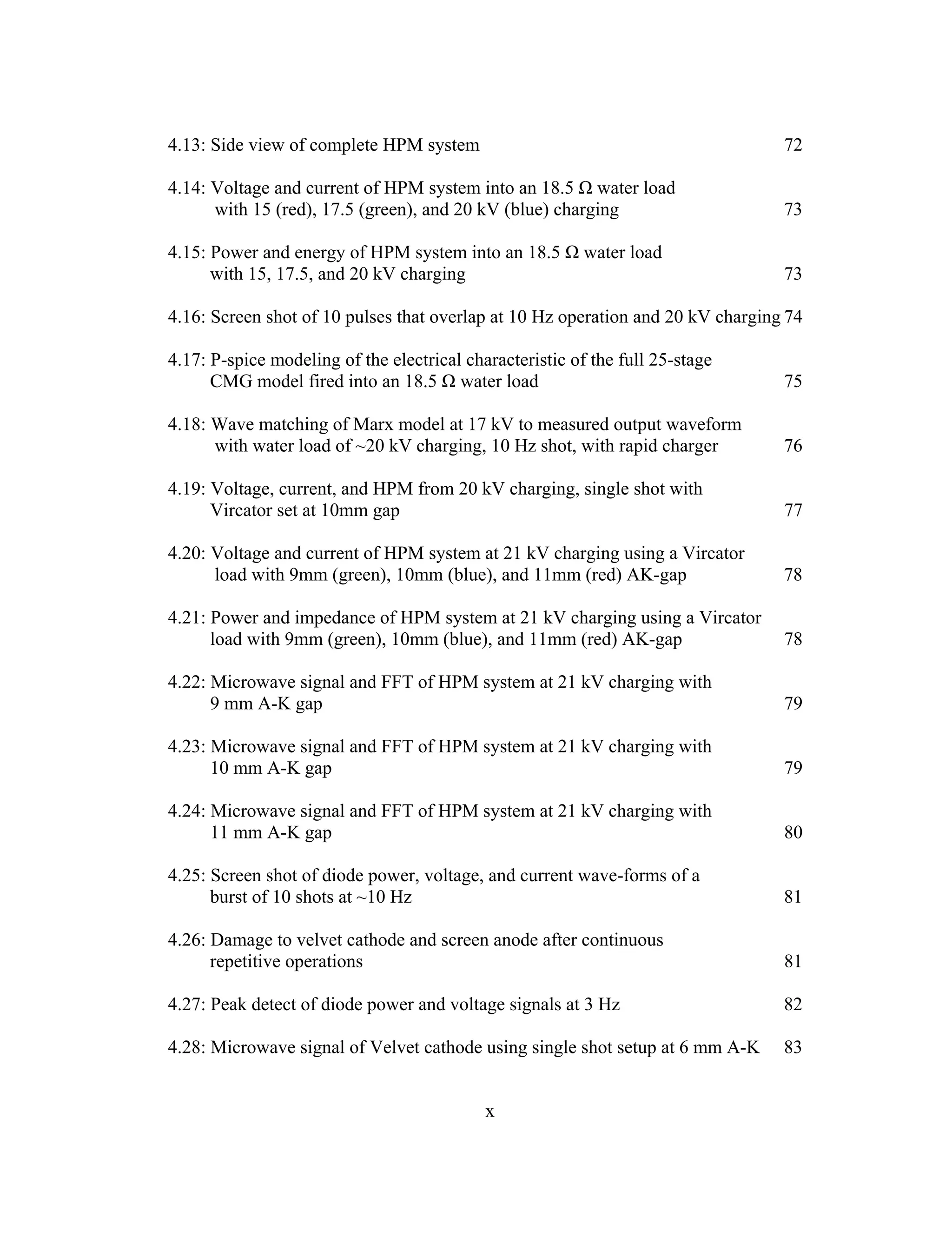 x
4.13: Side view of complete HPM system 72
4.14: Voltage and current of HPM system into an 18.5 Ω water load
with 15 (red), 17.5 (green), and 20 kV (blue) charging 73
4.15: Power and energy of HPM system into an 18.5 Ω water load
with 15, 17.5, and 20 kV charging 73
4.16: Screen shot of 10 pulses that overlap at 10 Hz operation and 20 kV charging 74
4.17: P-spice modeling of the electrical characteristic of the full 25-stage
CMG model fired into an 18.5 Ω water load 75
4.18: Wave matching of Marx model at 17 kV to measured output waveform
with water load of ~20 kV charging, 10 Hz shot, with rapid charger 76
4.19: Voltage, current, and HPM from 20 kV charging, single shot with
Vircator set at 10mm gap 77
4.20: Voltage and current of HPM system at 21 kV charging using a Vircator
load with 9mm (green), 10mm (blue), and 11mm (red) AK-gap 78
4.21: Power and impedance of HPM system at 21 kV charging using a Vircator
load with 9mm (green), 10mm (blue), and 11mm (red) AK-gap 78
4.22: Microwave signal and FFT of HPM system at 21 kV charging with
9 mm A-K gap 79
4.23: Microwave signal and FFT of HPM system at 21 kV charging with
10 mm A-K gap 79
4.24: Microwave signal and FFT of HPM system at 21 kV charging with
11 mm A-K gap 80
4.25: Screen shot of diode power, voltage, and current wave-forms of a
burst of 10 shots at ~10 Hz 81
4.26: Damage to velvet cathode and screen anode after continuous
repetitive operations 81
4.27: Peak detect of diode power and voltage signals at 3 Hz 82
4.28: Microwave signal of Velvet cathode using single shot setup at 6 mm A-K 83
 