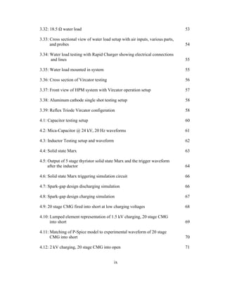 ix
3.32: 18.5 Ω water load 53
3.33: Cross sectional view of water load setup with air inputs, various parts,
and probes 54
3.34: Water load testing with Rapid Charger showing electrical connections
and lines 55
3.35: Water load mounted in system 55
3.36: Cross section of Vircator testing 56
3.37: Front view of HPM system with Vircator operation setup 57
3.38: Aluminum cathode single shot testing setup 58
3.39: Reflex Triode Vircator configeration 58
4.1: Capacitor testing setup 60
4.2: Mica-Capacitor @ 24 kV, 20 Hz waveforms 61
4.3: Inductor Testing setup and waveform 62
4.4: Solid state Marx 63
4.5: Output of 5 stage thyristor solid state Marx and the trigger waveform
after the inductor 64
4.6: Solid state Marx triggering simulation circuit 66
4.7: Spark-gap design discharging simulation 66
4.8: Spark-gap design charging simulation 67
4.9: 20 stage CMG fired into short at low charging voltages 68
4.10: Lumped element representation of 1.5 kV charging, 20 stage CMG
into short 69
4.11: Matching of P-Spice model to experimental waveform of 20 stage
CMG into short 70
4.12: 2 kV charging, 20 stage CMG into open 71
 