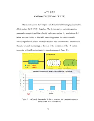 96
APPENDIX B
CARBON COMPOSITION RESISTORS
The resistors used in the Compact Marx-Generator on the charging side must be
able to sustain the 40 kV 10+ Hz pulses. The first choice was carbon composition
resistors because of their ability to handle high-energy pulses. As seen in figure B.1
below, since the resistor is filled with conducting powder, the whole resistor is
conducting instead of just the resistive wire of the wire wound resistor. The resistor is
thus able to handle more energy as shown in by the comparison of the 1W carbon
composite to the different wattage wire wound resistors, cf. figure B.1.
Figure B.1 – Ceramic Composite Resistors structure and energy comparison
(http://www.ttelectronics.com)
 