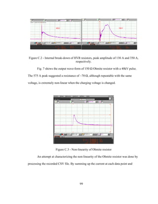 99
Figure C.2 - Internal break-down of HVR resistors, peak amplitude of 130 A and 350 A,
respectively.
Fig. 7 shows the output wave-form of 150 Ω Ohmite resistor with a 40kV pulse.
The 575 A peak suggested a resistance of ~70 Ω, although repeatable with the same
voltage, is extremely non-linear when the charging voltage is changed.
Figure C.3 - Non-linearity of Ohmite resistor
An attempt at characterizing the non-linearity of the Ohmite resistor was done by
processing the recorded CSV file. By summing up the current at each data point and
40kV 30kV
 