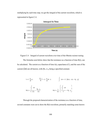 100
multiplying by each time step, we get the integral of the current waveform, which is
represented in figure C.4.
Figure C.4 – Integral of current waveform over time of the Ohmite resistor testing
The formulas seen below show that the resistance as a function of time R(t), can
be calculated. The current as a function of time i(t), capacitance (C), and the sum of the
current (∫idt) are all known, with (Ro x io) being a specified constant.
I C
t
v( )
d
d
⋅
R i⋅
R
C−
t
R i⋅( )
d
d
⋅ ti
⌠
⎮
⌡
d C− R t( ) i t( )− Ro io⋅−( )⋅
R t( )
ti
⌠
⎮
⌡
d−
C i t( )⋅
Ro io⋅
i t( )
+ R t( )
1
i t( )
ti
⌠
⎮
⌡
d−
C
Ro io⋅+
⎛
⎜
⎜
⎜
⎝
⎞
⎟
⎠
⋅
Through the proposed characterization of the resistance as a function of time,
several constants were set to show the R(t) waveform, primarily matching some known
 