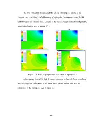 104
The new connection design included a welded circular piece welded to the
vacuum cross, providing both field shaping of triple point 2 and connection of the HV
feed-through to the vacuum cross. Designs of the welded piece is simulated in figure D.2
with the final design seen in section 3.3.3.
Figure D.2 - Field shaping for new connection at triple point 2
A base design for the HV feed-through is simulated in figure D.3 and some basic
field shaping of the triple points in the added water resistor section seen with the
protrusions of the brass piece seen in figure D.4
 