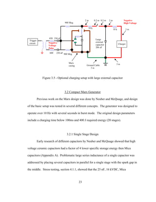 23
Figure 3.5 - Optional charging setup with large external capacitor
3.2 Compact Marx Generator
Previous work on the Marx design was done by Neuber and McQuage, and design
of the basic setup was tested in several different concepts. The generator was designed to
operate over 10 Hz with several seconds in burst mode. The original design parameters
include a charging time below 100ms and 400 J required energy (20 stages).
3.2.1 Single Stage Design
Early research of different capacitors by Neuber and McQuage showed that high
voltage ceramic capacitors had a factor of 4 lower specific storage energy then Mica
capacitors (Appendix A). Problematic large series inductance of a single capacitor was
addressed by placing several capacitors in parallel for a single stage with the spark gap in
the middle. Stress testing, section 4.1.1, showed that the 25 nF, 16 kVDC, Mica
Trigger
circuit Charger
Ground Cable
3 m
3 m
3 m
2 m0.5 m0.5 m2 m
900 Meg
900 Meg
250 nF
10 k10 k
600
450 250 nF
Marx
casing
Large
external
capacitor
206 uF
Negative
High Voltage
Negative
Voltage
Pulse
 