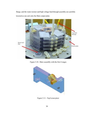 30
flange, and the water resistor and high voltage feed-through assembly are carefully
lowered as one unit onto the Marx output plate.
Figure 3.10 - Marx assembly with the first 4 stages
Figure 3.11 - Top Lexan piece
 