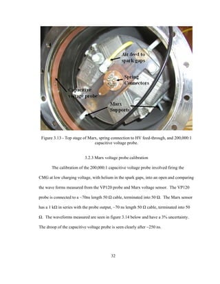 32
Figure 3.13 - Top stage of Marx, spring connection to HV feed-through, and 200,000:1
capacitive voltage probe.
3.2.3 Marx voltage probe calibration
The calibration of the 200,000:1 capacitive voltage probe involved firing the
CMG at low charging voltage, with helium in the spark gaps, into an open and comparing
the wave forms measured from the VP120 probe and Marx voltage sensor. The VP120
probe is connected to a ~70ns length 50 Ω cable, terminated into 50 Ω. The Marx sensor
has a 1 kΩ in series with the probe output, ~70 ns length 50 Ω cable, terminated into 50
Ω. The waveforms measured are seen in figure 3.14 below and have a 3% uncertainty.
The droop of the capacitive voltage probe is seen clearly after ~250 ns.
 