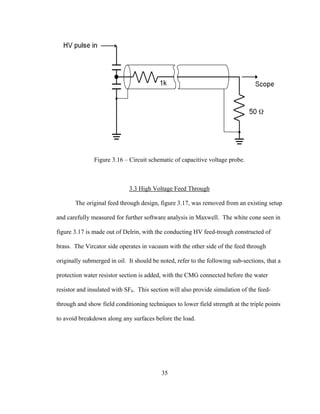 35
Figure 3.16 – Circuit schematic of capacitive voltage probe.
3.3 High Voltage Feed Through
The original feed through design, figure 3.17, was removed from an existing setup
and carefully measured for further software analysis in Maxwell. The white cone seen in
figure 3.17 is made out of Delrin, with the conducting HV feed-trough constructed of
brass. The Vircator side operates in vacuum with the other side of the feed through
originally submerged in oil. It should be noted, refer to the following sub-sections, that a
protection water resistor section is added, with the CMG connected before the water
resistor and insulated with SF6. This section will also provide simulation of the feed-
through and show field conditioning techniques to lower field strength at the triple points
to avoid breakdown along any surfaces before the load.
 