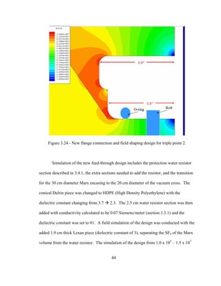 44
Figure 3.24 - New flange connection and field shaping design for triple point 2.
Simulation of the new feed-through design includes the protection water resistor
section described in 3.4.1, the extra sections needed to add the resistor, and the transition
for the 30 cm diameter Marx encasing to the 20 cm diameter of the vacuum cross. The
conical Delrin piece was changed to HDPE (High Density Polyethylene) with the
dielectric constant changing from 3.7 2.3. The 2.5 cm water resistor section was then
added with conductivity calculated to be 0.07 Siemens/meter (section 3.3.1) and the
dielectric constant was set to 81. A field simulation of the design was conducted with the
added 1.9 cm thick Lexan piece (dielectric constant of 3), separating the SF6 of the Marx
volume from the water resistor. The simulation of the design from 1.0 x 105
– 1.5 x 107
 