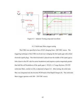 62
Figure 4.3 – Inductor Testing setup and waveform
4.1.3 Solid state Marx trigger testing
The CMG was specified to have 20 kV charging from ~200 VDC source. The
triggering technique of the CMG involved over-voltaging the first spark gap with a third
electrode (spark plug). This third electrode is placed near the middle of the spark gap (a
little closer to the HV side for easier breakdown) and requires a pulse magnitude greater
than half the self breakdown of the spark gaps (> 20 kV). A 5 stage thyristor, 2N1595
solid state Marx, similar to [34], is depicted in figure 4.4. After testing, the solid state
Max was integrated into the Inverter PCB board of the Rapid Charger [8]. The solid state
Marx trigger operates with 200 – 250 VDC source.
 
