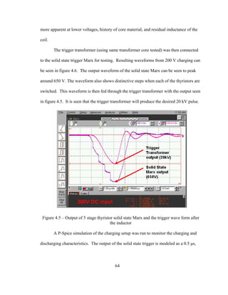 64
more apparent at lower voltages, history of core material, and residual inductance of the
coil.
The trigger transformer (using same transformer core tested) was then connected
to the solid state trigger Marx for testing. Resulting waveforms from 200 V charging can
be seen in figure 4.6. The output waveform of the solid state Marx can be seen to peak
around 650 V. The waveform also shows distinctive steps when each of the thyristors are
switched. This waveform is then fed through the trigger transformer with the output seen
in figure 4.5. It is seen that the trigger transformer will produce the desired 20 kV pulse.
Figure 4.5 – Output of 5 stage thyristor solid state Marx and the trigger wave form after
the inductor
A P-Spice simulation of the charging setup was run to monitor the charging and
discharging characteristics. The output of the solid state trigger is modeled as a 0.5 µs,
 