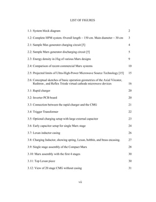 vii
LIST OF FIGURES
1.1: System block diagram 2
1.2: Complete HPM system. Overall length ~ 150 cm. Main diameter ~ 30 cm 3
2.1: Sample Max generator charging circuit [5] 4
2.2: Sample Marx generator discharging circuit [5] 5
2.3: Energy density in J/kg of various Marx designs 9
2.4: Comparison of recent commercial Marx systems 10
2.5: Projected limits of Ultra-High-Power Microwave Source Technology [15] 15
2.6: Conceptual sketches of basic operation geometries of the Axial Vircator,
Reditron , and Reflex Triode virtual cathode microwave devices 16
3.1: Rapid charger 20
3.2: Inverter PCB board 20
3.3: Connection between the rapid charger and the CMG 21
3.4: Trigger Transformer 22
3.5: Optional charging setup with large external capacitor 23
3.6: Early capacitor setup for single Marx stage 24
3.7: Lexan inductor casing 26
3.8: Charging Inductor, showing spring, Lexan, bobbin, and brass encasing. 27
3.9: Single stage assembly of the Compact Marx 28
3.10: Marx assembly with the first 4 stages 30
3.11: Top Lexan piece 30
3.12: View of 20 stage CMG without casing 31
 