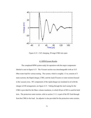 71
Figure 4.12 - 2 kV charging, 20 stage CMG into open
4.3 HPM System Results
The completed HPM system ready for operation with the major components
labeled is seen in figure 4.13. The Vircator section was interchangeable with an 18.5
Ohm water load for various testing. The system, which is roughly 1.5 m, consists of 3
main sections; the Rapid charger, CMG, and the load (Vircator or water resistor) housed
in the vacuum cross. HV components of the rapid charger are insulated in oil with the
charger oil fill arrangement, see figure 4.13. Tubing through the steel casing for the
CMG is provided for the Marx volume insulation, in which 60 psi of SF6 is used for both
tests. The protection water resistor, refer to section 3.3.1, is part of the HV feed-through
from the CMG to the load. An adjustor is also provided for the protection water resistor,
 