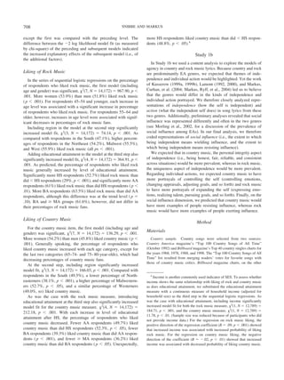 except the first was compared with the preceding level. The
difference between the Ϫ2 log likelihood model fit (as measured
by chi-square) of the preceding and subsequent models indicated
the increased explanatory effects of the subsequent model (i.e., of
the additional factors).
Liking of Rock Music
In the series of sequential logistic regressions on the percentage
of respondents who liked rock music, the first model (including
age and gender) was significant, ␹2
(7, N ϭ 14,172) ϭ 967.90, p Ͻ
.001. More women (53.9%) than men (51.8%) liked rock music
(p Ͻ .001). For respondents 45–54 and younger, each increase in
age level was associated with a significant increase in percentage
of respondents who liked rock music. For respondents 55–64 and
older, however, increases in age level were associated with signif-
icant decreases in percentages of rock music fans.
Including region in the model at the second step significantly
increased model fit, ␹2
(3, N ϭ 14,172) ϭ 74.14, p Ͻ .001. As
compared with respondents in the South (47.1%), higher percent-
ages of respondents in the Northeast (54.2%), Midwest (55.5%),
and West (55.9%) liked rock music (all ps Ͻ .001).
Adding educational attainment to the model at the third step also
significantly increased model fit, ␹2
(4, N ϭ 14,172) ϭ 364.91, p Ͻ
.001. As predicted, the percentage of respondents who liked rock
music generally increased by level of educational attainment.
Significantly more HS respondents (52.7%) liked rock music than
did Ͻ HS respondents (29%, p Ͻ .001), and significantly more AA
respondents (61%) liked rock music than did HS respondents (p Ͻ
.01). More BA respondents (63.5%) liked rock music than did AA
respondents, although this difference was at the trend level (p ϭ
.10). BA and Ն MA groups (61.6%), however, did not differ in
their percentages of rock music fans.
Liking of Country Music
For the country music item, the first model (including age and
gender) was significant, ␹2
(7, N ϭ 14,172) ϭ 136.29, p Ͻ .001.
More women (54.2%) than men (45.8%) liked country music (p Ͻ
.001). Generally speaking, the percentage of respondents who
liked country music increased with each age category, except for
the last two categories (65–74- and 75–80-year-olds), which had
decreasing percentages of country music fans.
At the second step, including region significantly increased
model fit, ␹2
(3, N ϭ 14,172) ϭ 166.03, p Ͻ .001. Compared with
respondents in the South (49.5%), a lower percentage of North-
easterners (38.1%, p Ͻ .001), a higher percentage of Midwestern-
ers (52.7%, p Ͻ .05), and a similar percentage of Westerners
(49.0%, ns) liked country music.
As was the case with the rock music measure, introducing
educational attainment at the third step also significantly increased
model fit for the country music measure, ␹2
(4, N ϭ 14,172) ϭ
212.18, p Ͻ .001. With each increase in level of educational
attainment after HS, the percentage of respondents who liked
country music decreased. Fewer AA respondents (49.7%) liked
country music than did HS respondents (52.3%, p Ͻ .05), fewer
BA respondents (39.3%) liked country music than did AA respon-
dents (p Ͻ .001), and fewer Ն MA respondents (36.2%) liked
country music than did BA respondents (p Ͻ .05). Unexpectedly,
more HS respondents liked country music than did Ͻ HS respon-
dents (48.8%, p Ͻ .05).4
Study 1b
In Study 1b we used a content analysis to explore the models of
agency in country and rock music lyrics. Because country and rock
are predominantly EA genres, we expected that themes of inde-
pendence and individual action would be highlighted. Yet the work
of Kusserow (1999a, 1999b), Lamont (1992, 2000), and Markus,
Curhan, et al. (2004; Markus, Ryff, et al., 2004) led us to believe
that the genres would differ in the kinds of independence and
individual action portrayed. We therefore closely analyzed repre-
sentations of independence (how the self is independent) and
action (what the independent self does) in song lyrics from these
two genres. Additionally, preliminary analyses revealed that social
influence was represented differently and often in the two genres
(see Morling et al., 2002, for a discussion of the prevalence of
social influence among EAs). In our final analysis, we therefore
coded representations of social influence (i.e., the extent to which
being independent means wielding influence, and the extent to
which being independent means resisting influence).
We expected that in country music, the personal integrity aspect
of independence (i.e., being honest, fair, reliable, and consistent
across situations) would be more prevalent, whereas in rock music,
the uniqueness aspect of independence would be more prevalent.
Regarding individual actions, we expected country music to have
more portrayals of controlling the self (controlling emotions,
changing appraisals, adjusting goals, and so forth) and rock music
to have more portrayals of expanding the self (expressing emo-
tions, realizing talent, pursuing goals, and so forth). Finally, on the
social influence dimension, we predicted that country music would
have more examples of people resisting influence, whereas rock
music would have more examples of people exerting influence.
Method
Materials
Country sample. Country songs were selected from two sources:
Country America magazine’s “Top 100 Country Songs of All Time”
(October 1992) and Billboard magazine’s Top 40 country singles charts for
the years 1968, 1978, 1988, and 1998. The “Top 100 Country Songs of All
Time” list resulted from merging readers’ votes for favorite songs with
those of country music critics. Billboard magazine charts, on the other
4
Income is another commonly used indicator of SES. To assess whether
income shows the same relationship with liking of rock and country music
as does educational attainment, we substituted the educational attainment
measure with a continuous measure of household income (adjusted for
household size) as the third step in the sequential logistic regressions. As
was the case with educational attainment, including income significantly
increased model fit for both the rock music measure, ␹2
(1, N ϭ 12,789) ϭ
184.71, p Ͻ .001, and the country music measure, ␹2
(1, N ϭ 12,789) ϭ
11.78, p Ͻ .01. (Sample size was reduced because of participants who did
not provide income data.) For the regression on rock music liking, the
positive direction of the regression coefficient (B ϭ .09, p Ͻ .001) showed
that increased income was associated with increased probability of liking
rock music. For the regression on country music liking, the negative
direction of the coefficient (B ϭ Ϫ.02, p Ͻ .01) showed that increased
income was associated with decreased probability of liking country music.
708 SNIBBE AND MARKUS
 
