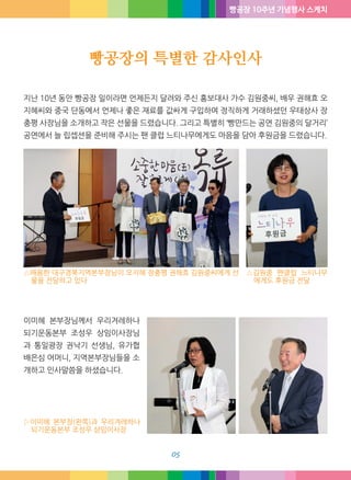 빵공장 10주년 기념행사 스케치
빵공장의 특별한 감사인사
05
지난 10년 동안 빵공장 일이라면 언제든지 달려와 주신 홍보대사 가수 김원중씨, 배우 권해효 오
지혜씨와 중국 단동에서 언제나 좋은 재료를 값싸게 구입하여 정직하게 거래하셨던 우태상사 장
충평 사장님을 소개하고 작은 선물을 드렸습니다. 그리고 특별히 ‘빵만드는 공연 김원중의 달거리’
공연에서 늘 리셉션을 준비해 주시는 팬 클럽 느티나무에게도 마음을 담아 후원금을 드렸습니다.
이미혜 본부장님께서 우리겨레하나
되기운동본부 조성우 상임이사장님
과 통일광장 권낙기 선생님, 유가협
배은심 어머니, 지역본부장님들을 소
개하고 인사말씀을 하셨습니다.
△배용한 대구경북지역본부장님이 오지혜 장충평 권해효 김원중씨에게 선
물을 전달하고 있다
▷이미혜 본부장(왼쪽)과 우리겨레하나
되기운동본부 조성우 상임이사장
△김원중 팬클럽 느티나무
에게도 후원금 전달
 