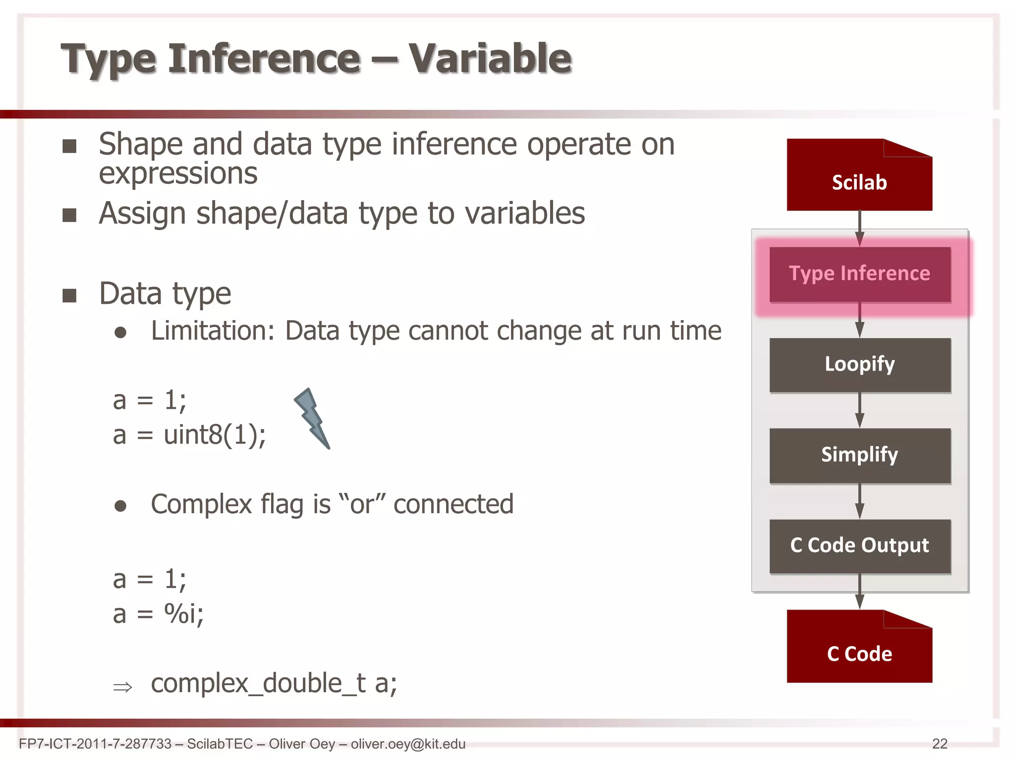 FP7-ICT-2011-7-287733 – ScilabTEC – Oliver Oey – oliver.oey@kit.edu 22
Type Inference – Variable
 Shape and data type inference operate on
expressions
 Assign shape/data type to variables
 Data type
 Limitation: Data type cannot change at run time
a = 1;
a = uint8(1);
 Complex flag is “or” connected
a = 1;
a = %i;
 complex_double_t a;
Scilab
Type Inference
Loopify
Simplify
C Code Output
C Code
 