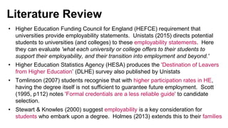 Literature Review
• Higher Education Funding Council for England (HEFCE) requirement that
universities provide employabili...